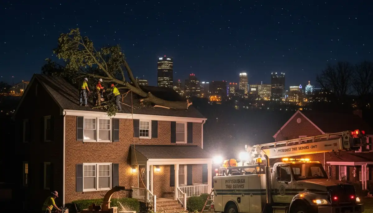 24/7 emergency tree removal service truck responding to storm damage in Pittsburgh, PA