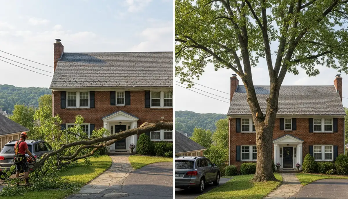 Arborist raising tree canopy for driveway clearance during professional trimming in Pittsburgh, PA