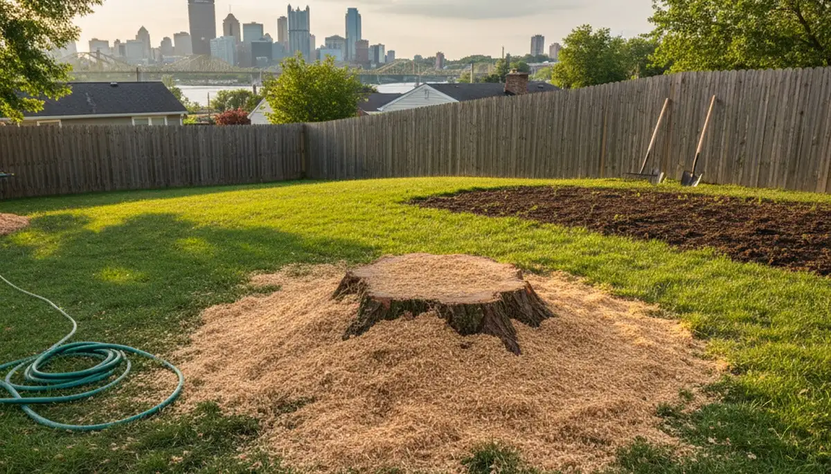 Finished stump grinding and lawn prep by professional tree service in Pittsburgh, PA