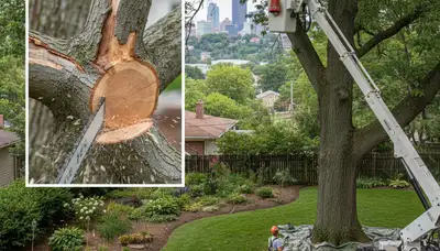 Arborist removing dead branches from mature tree in Pittsburgh, PA with professional tree trimming equipment