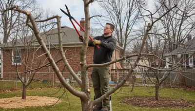 Arborist pruning fruit tree in Pittsburgh PA backyard orchard for healthy growth and safe tree care