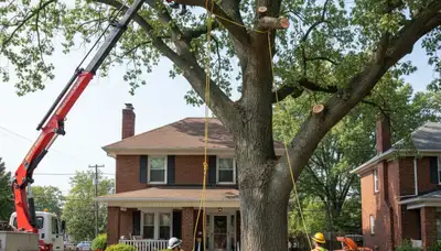 Arborists using bucket truck for large tree removal in Braddock near Pittsburgh PA homes