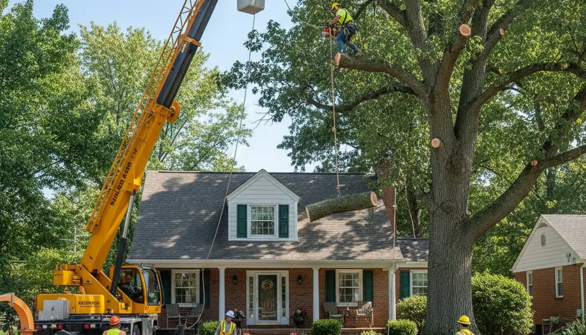 Arborists removing large tree with bucket truck in Glenshaw near Pittsburgh PA home
