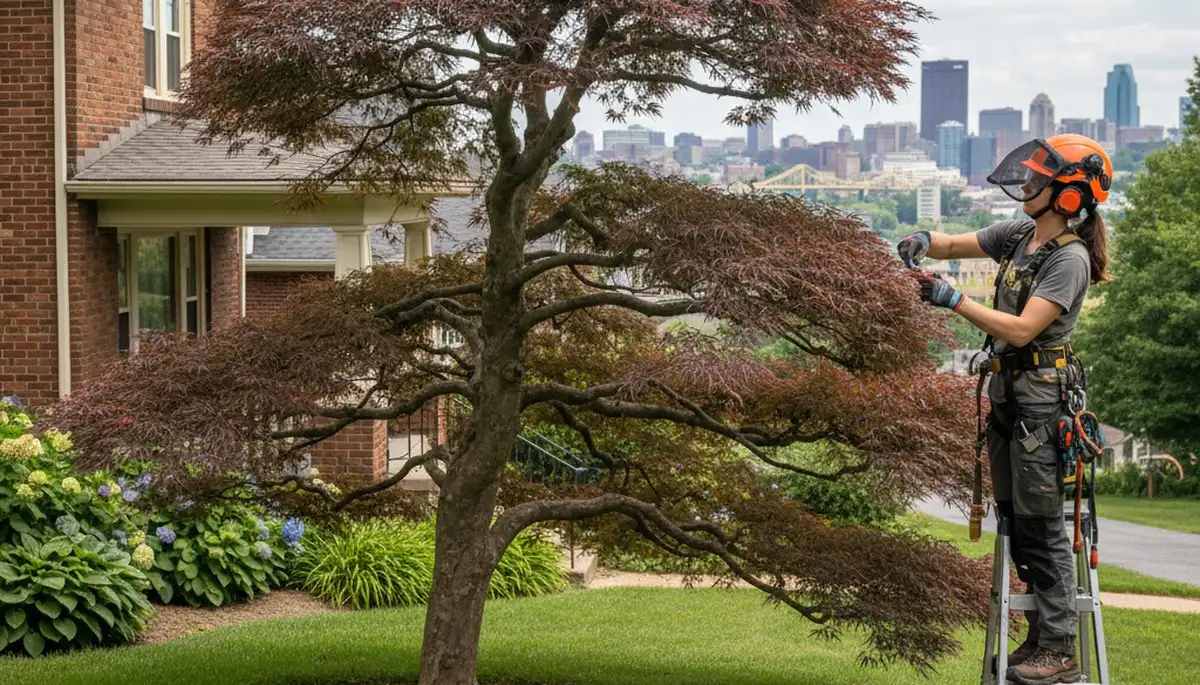 Arborist hand pruning ornamental Japanese maple for refined landscape in Pittsburgh, PA