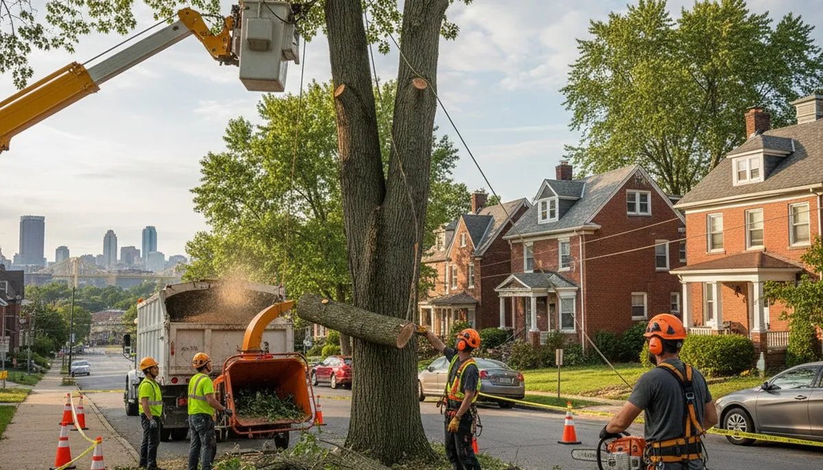 Arborists performing safe tree removal with equipment on residential property in Pittsburgh, PA