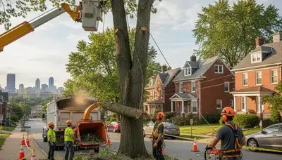 Arborists performing safe tree removal with equipment on residential property in Pittsburgh, PA