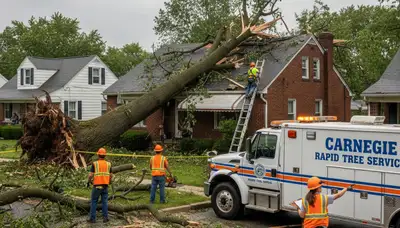 Emergency tree removal crew clearing storm damage in Carnegie, Pittsburgh, PA after severe weather
