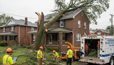Emergency tree removal crew clearing storm-damaged trees in Duquesne, Pittsburgh, PA neighborhood