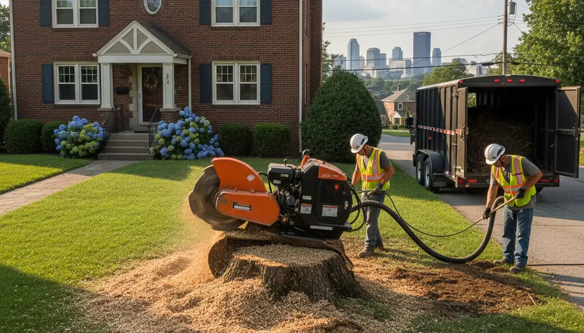 Professional stump grinding after tree removal in Pittsburgh, PA ensuring clean, restored yard space