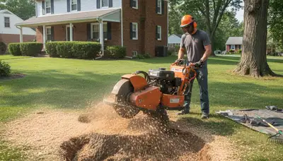Professional stump grinding removing tree stumps in Braddock, Pittsburgh PA yard for lawn restoration