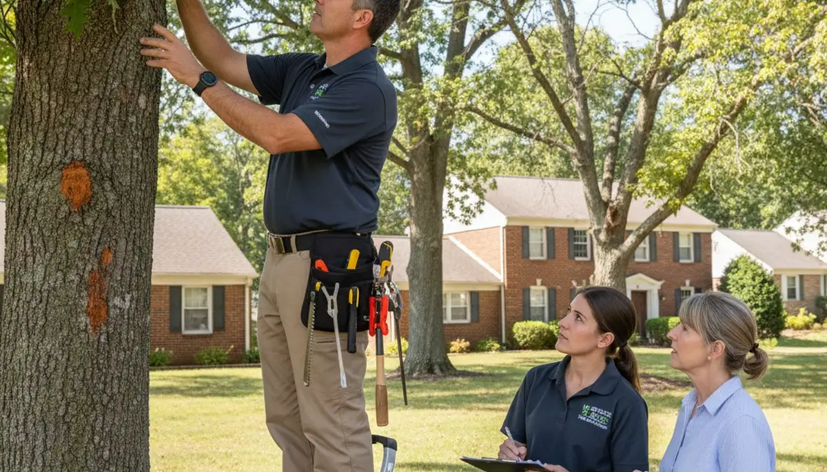 Certified arborist performing tree health assessment in Mc Kees Rocks, Pittsburgh, PA backyard