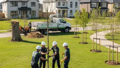 Arborists planting young trees in residential yard in Pittsburgh, PA for Chop Chop Tree services