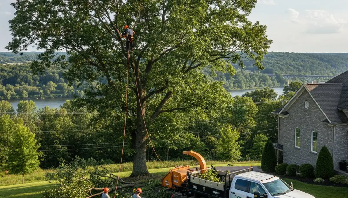 Professional tree removal crew working in Pittsburgh, PA yard