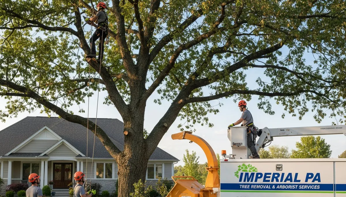 Professional tree removal service in Pittsburgh PA safely cutting down large oak tree