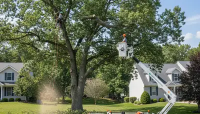 Professional tree removal service in Pittsburgh PA safely cutting and clearing large oak tree