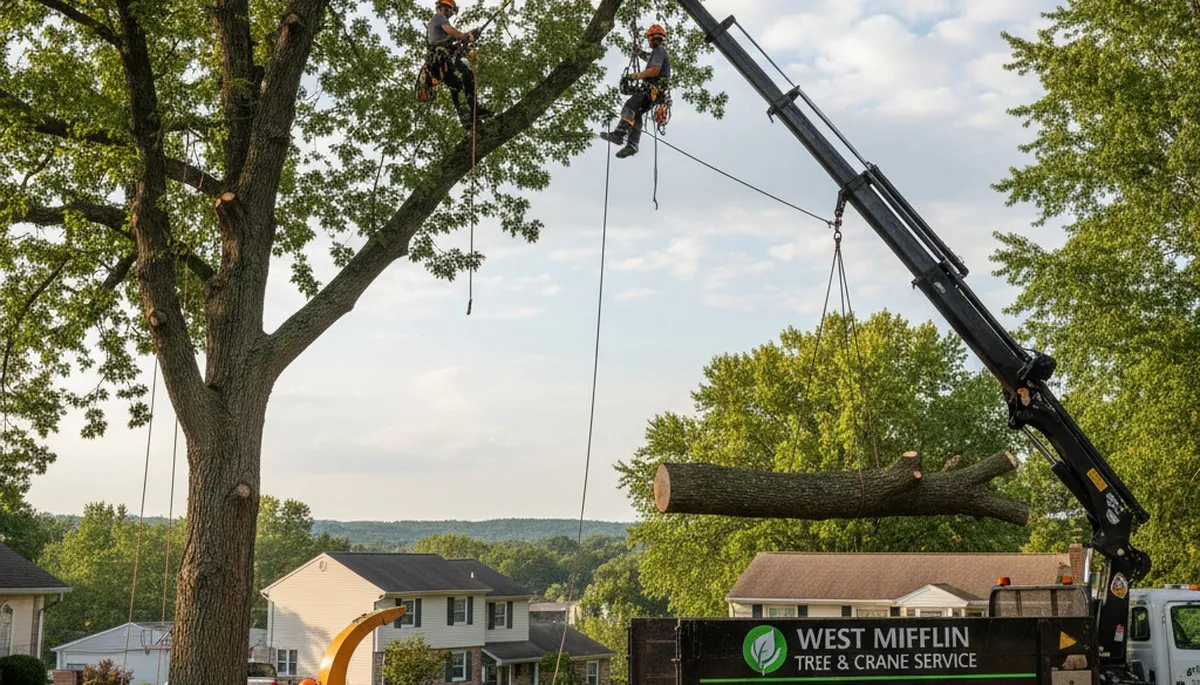 Professional tree removal service in Pittsburgh PA safely clearing large backyard oak tree