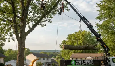 Professional tree removal service in Pittsburgh PA safely clearing large backyard oak tree